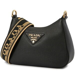 Prada bag leather strap black shoulder logo print leather calf